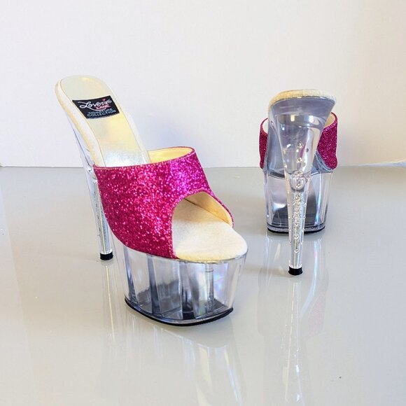 Y2K Lover's Lane Signature Collection Pink Glitter Stiletto Heels Clear Platform - Picture 1 of 10